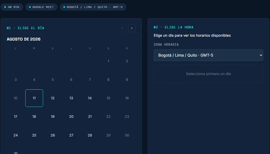 Calendario de agendado de Kora con disponibilidad real